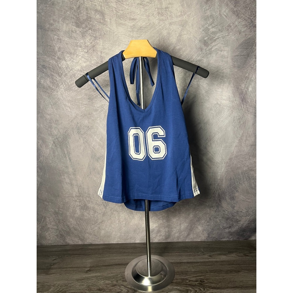 Rebellious One NWT Navy Blue Halter Top Size Large Sporty Varsity 06 Graphic